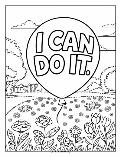Coloriage sur le dialogue intérieur positif pour enfants : « I Can Do It » écrit sur un ballon flottant au-dessus d'une prairie de fleurs colorées