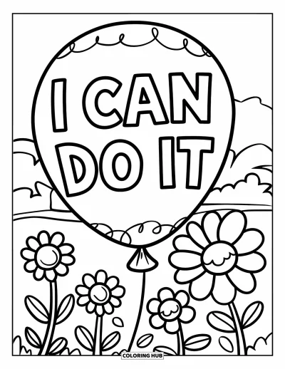 Coloriage sur le dialogue intérieur positif pour enfants : « I Can Do It » inscrit sur un ballon flottant au-dessus d'une prairie fleurie