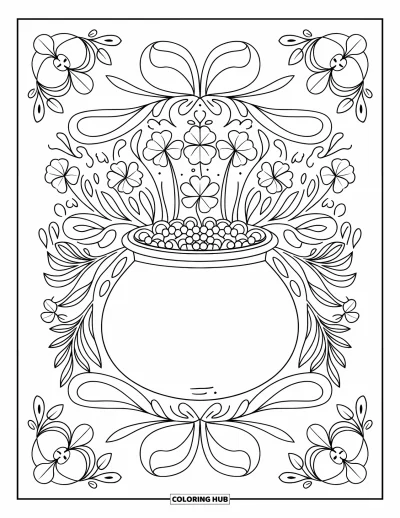 Målarbild med guldkruka för vuxna: Centrerad guldkruka med shamrocks och blommande botaniska utsmyckningar