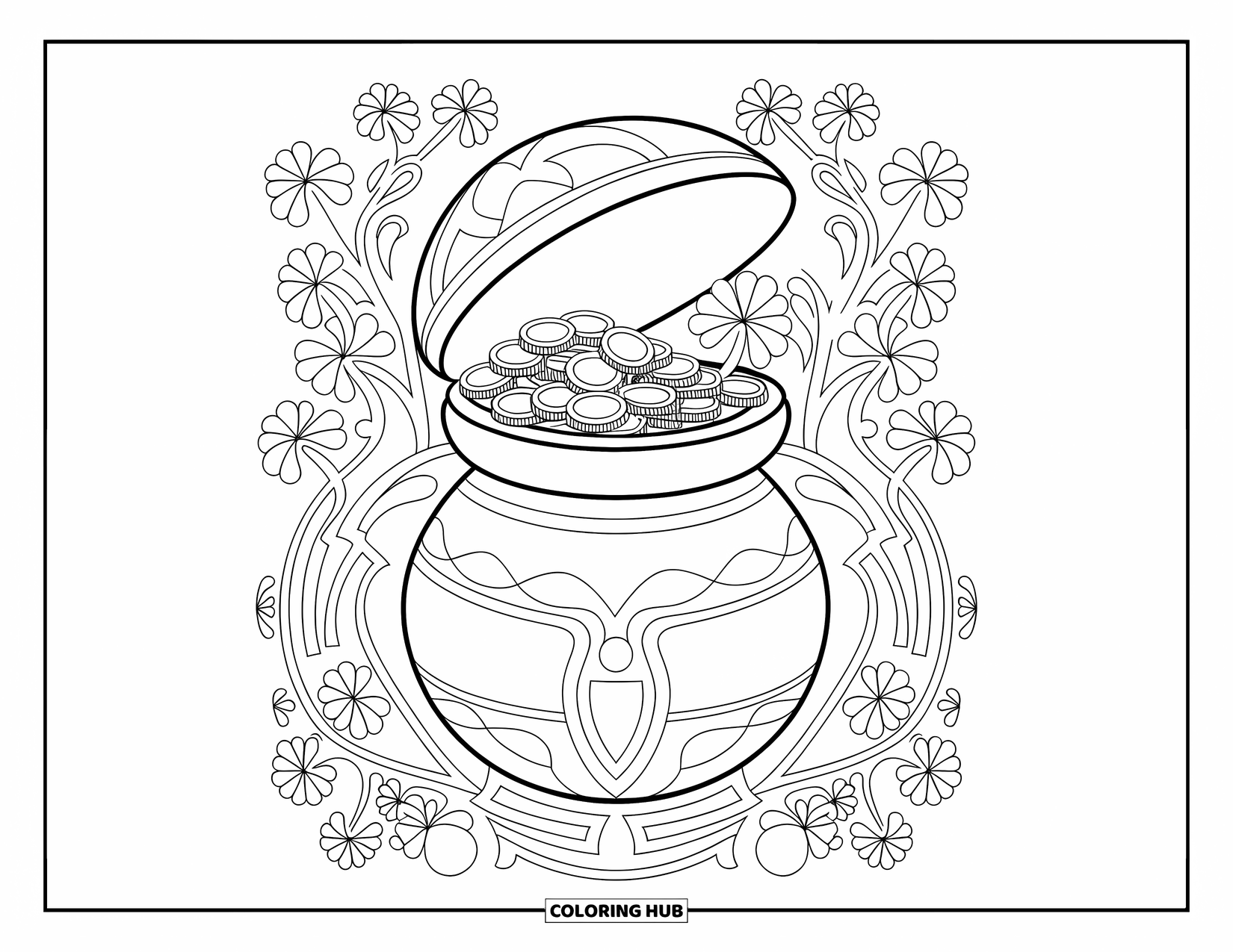 Pot Of Gold Coloring Page for Adults: Elegant pot of gold with coins framed by mirrored clovers and vines