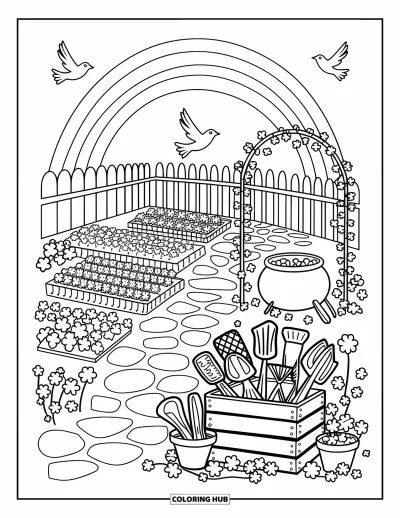 Målarbild med guldkruka för vuxna: Inhägnad trädgård med guldkruka, blommor, shamrocks och regnbåge med fåglar