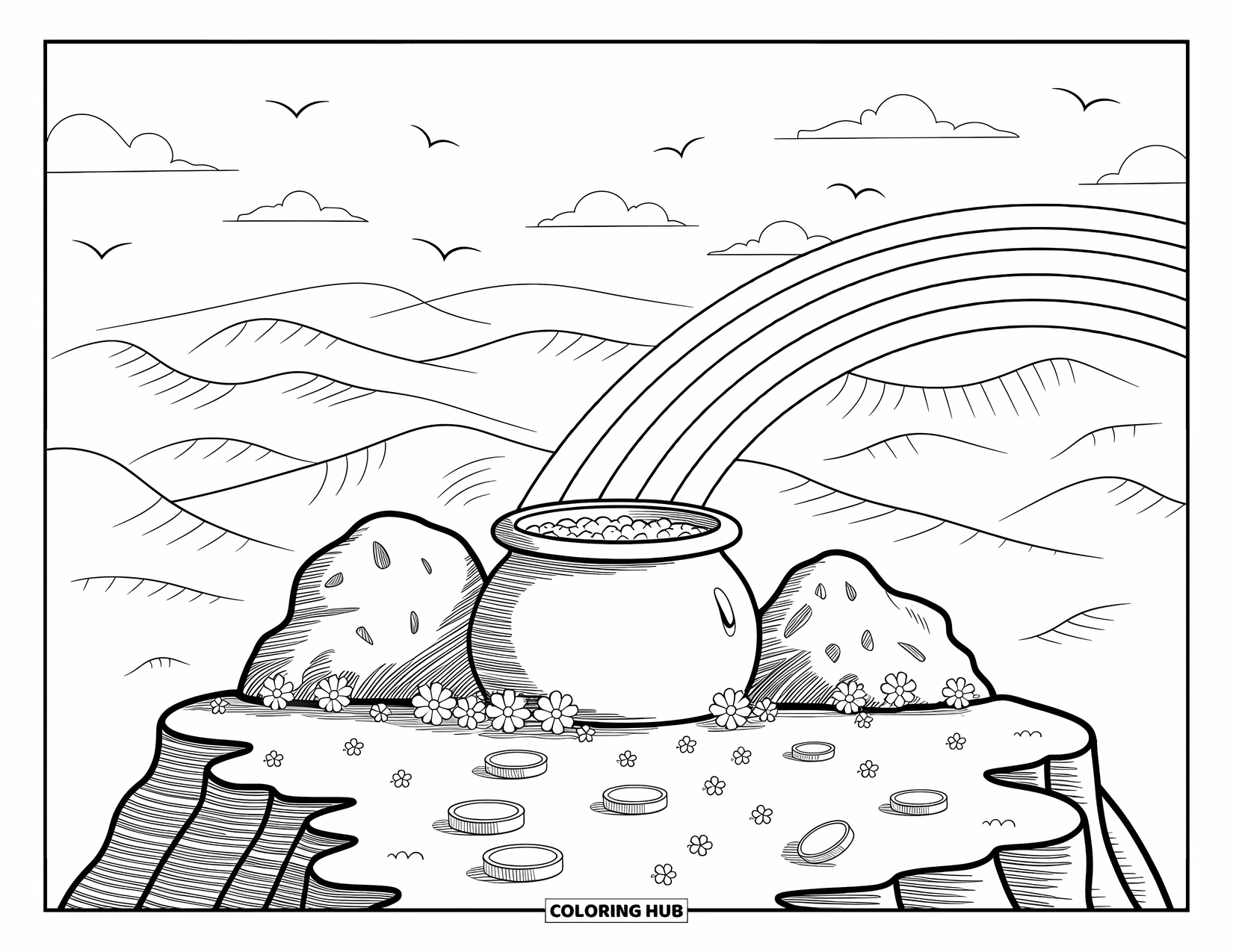 Pot Of Gold Coloring Page for Adults: Mountain ledge with pot of gold between rocks, rainbow, and coin trails