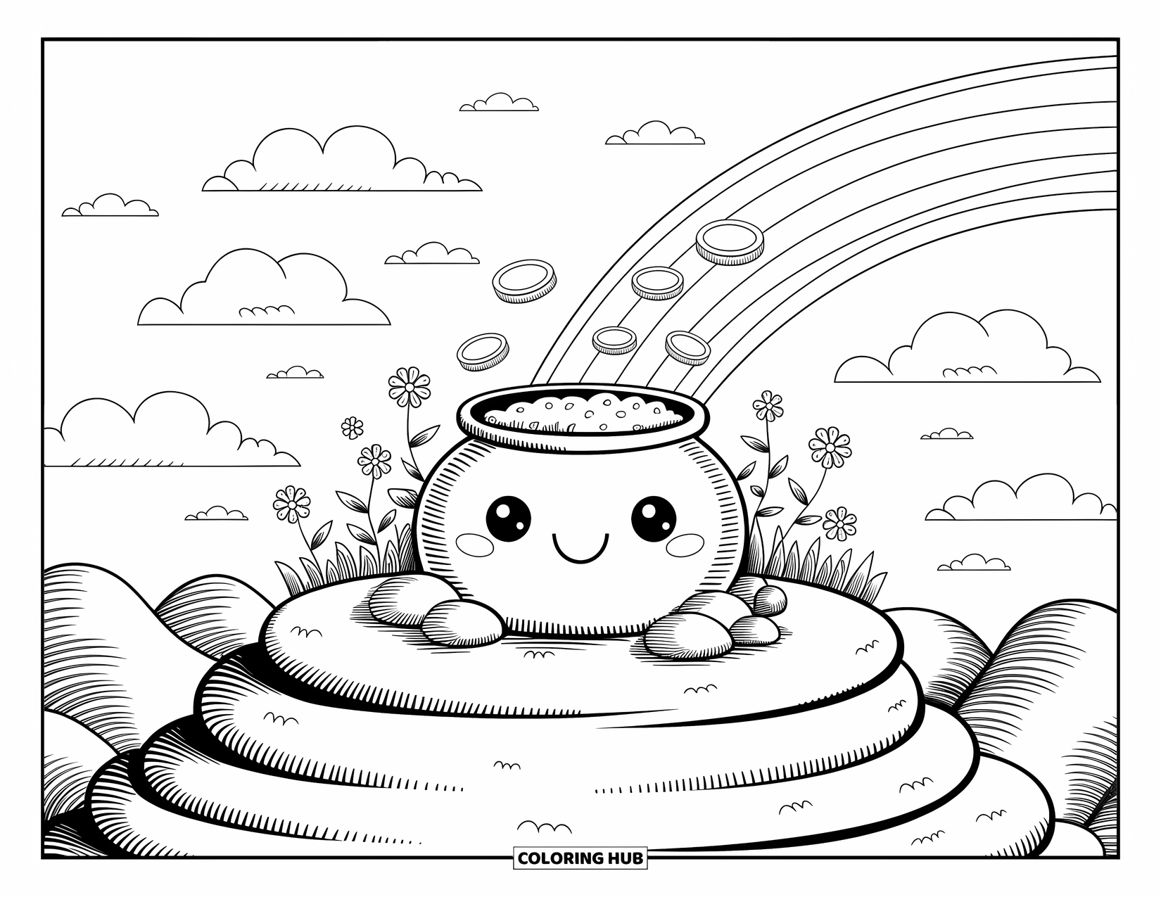 Pot Of Gold Coloring Page for Adults: Pot of gold on a high mountain ledge with rainbow and breezy skies