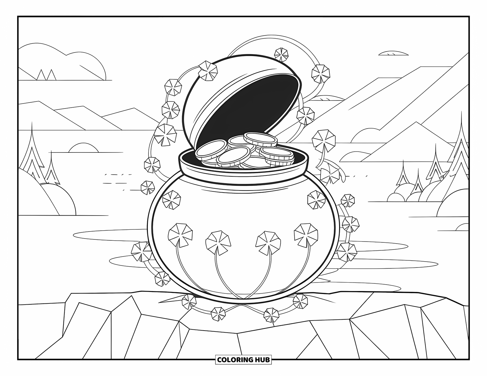 Pot Of Gold Coloring Page for Adults: Pot of gold on rocks with clovers, vines, and mountain view