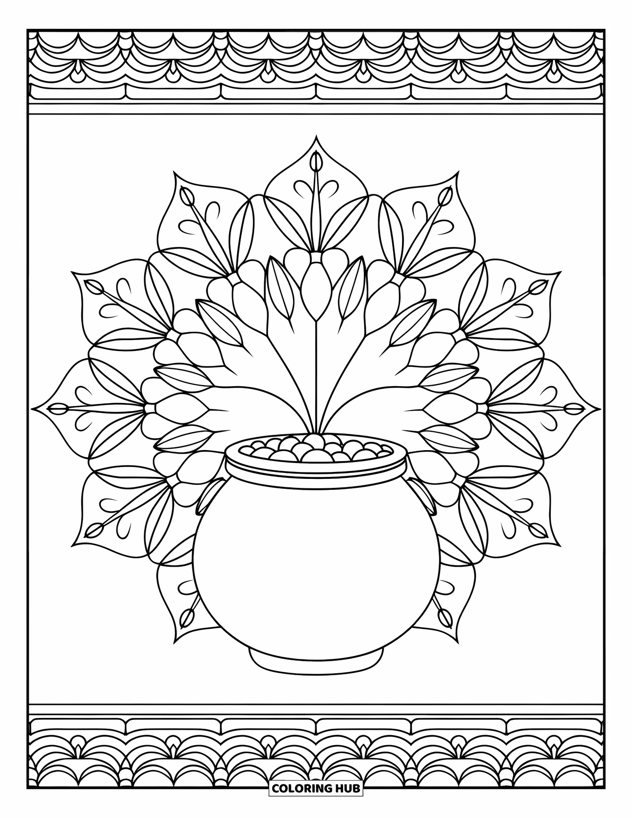 Pot Of Gold Coloring Page for Adults: Pot of gold surrounded by botanical mandala and decorative border