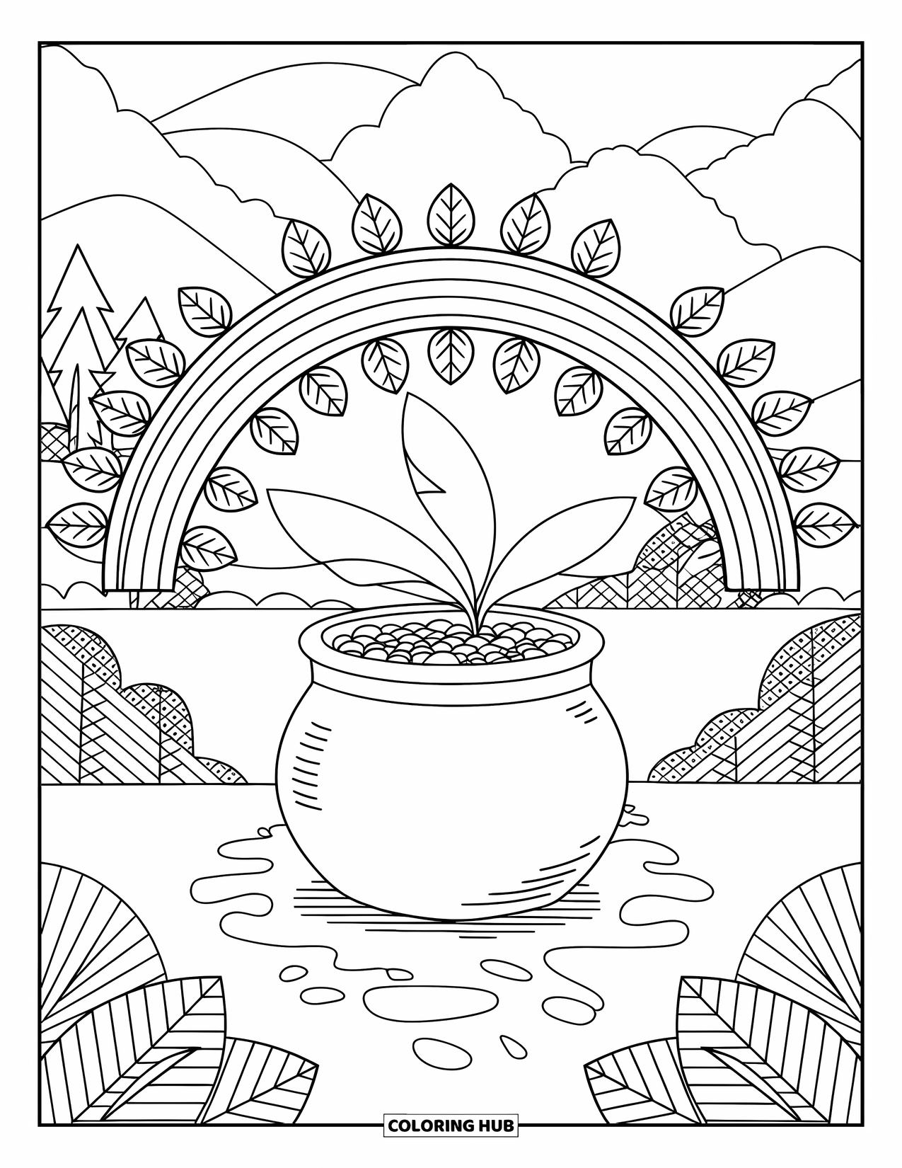 Pot Of Gold Coloring Page for Adults: Pot of gold under mandala-style rainbow arc with leafy tendrils