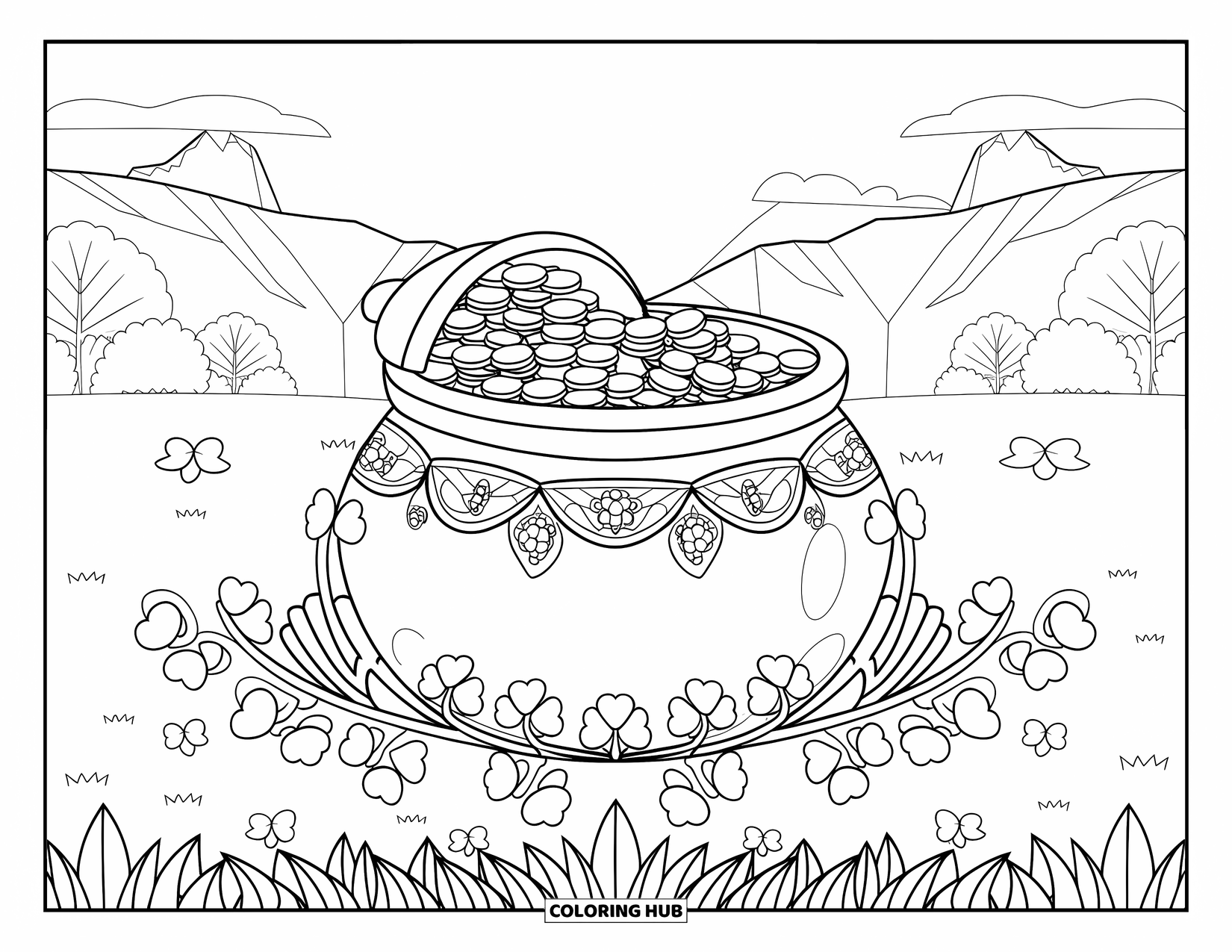 Pot Of Gold Coloring Page for Adults: Pot of gold with clovers and vines set in a mountain landscape