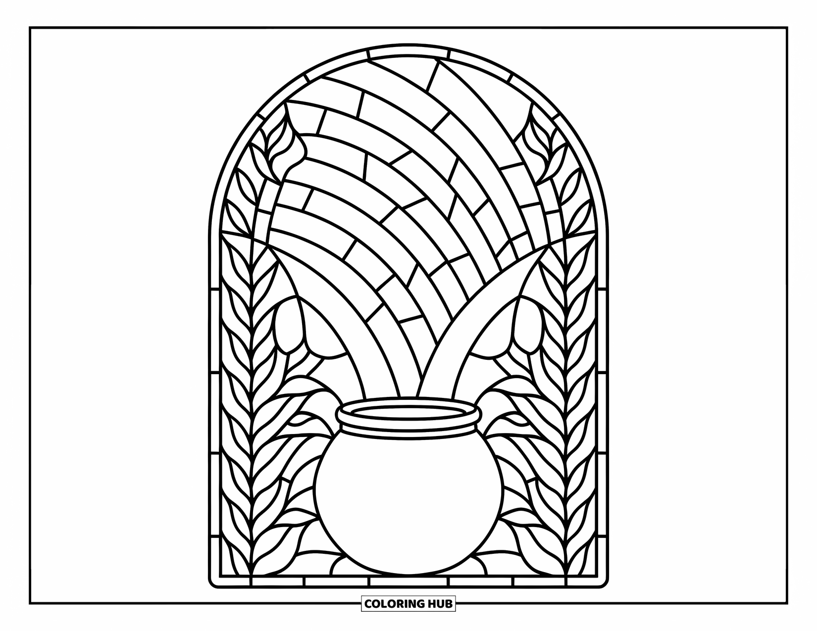 Pot Of Gold Coloring Page for Adults: Pot of gold with rainbow shards and floral stained-glass sections