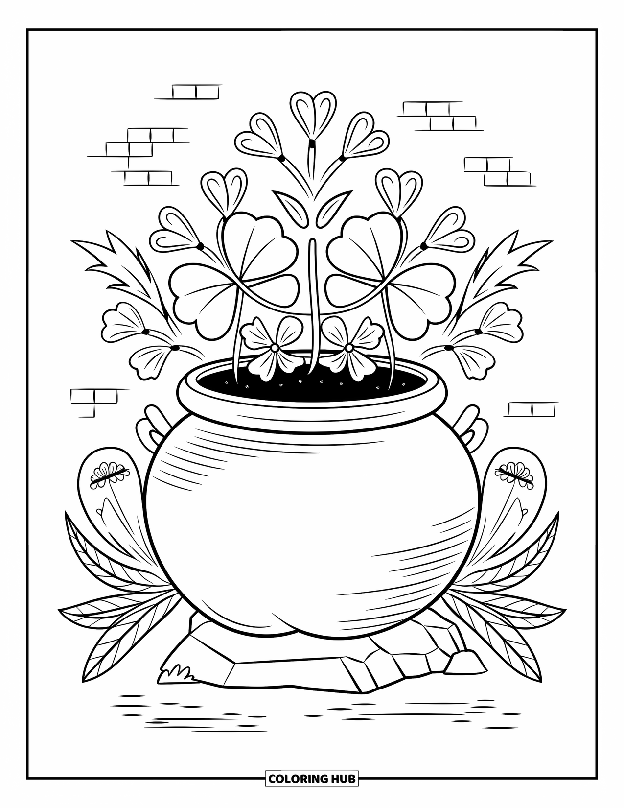 Pot Of Gold Coloring Page for Adults: Pot of gold with shamrocks, flowers, and textured stone wall backdrop