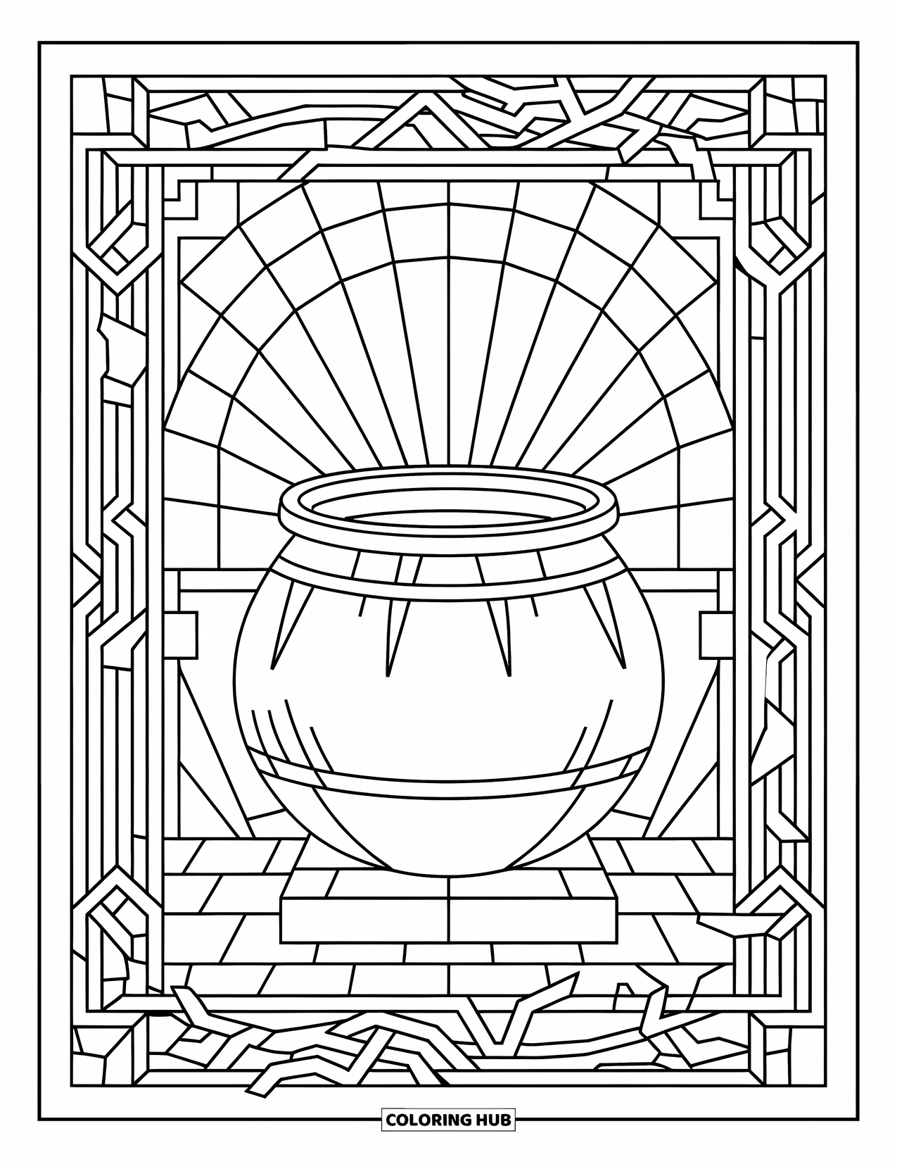 Pot Of Gold Coloring Page for Adults: Pot of gold with stained-glass rainbow and geometric vine details