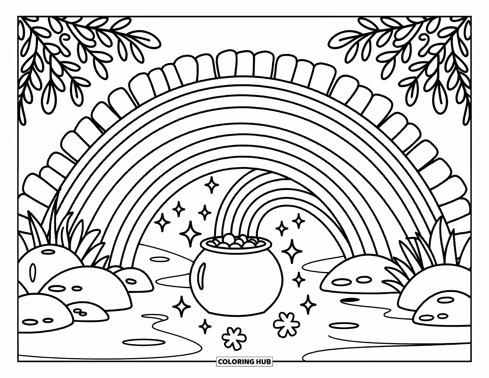 Pot Of Gold Coloring Page for Adults: Rainbow over stone bridge hiding a pot of gold with sparkles and clovers
