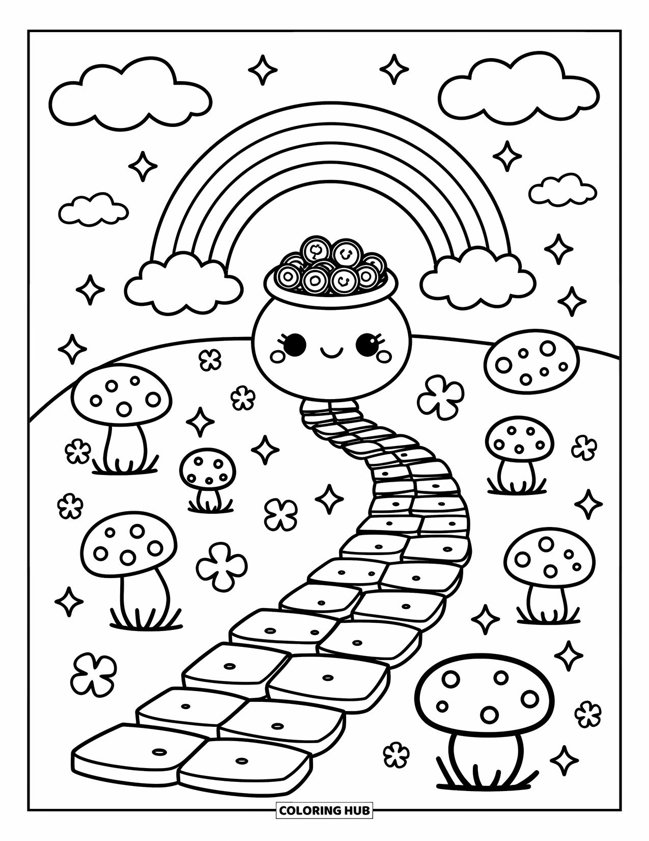 Pot Of Gold Coloring Page for Adults: Rainbow over winding path with pot of gold, clovers, stars, and mushrooms