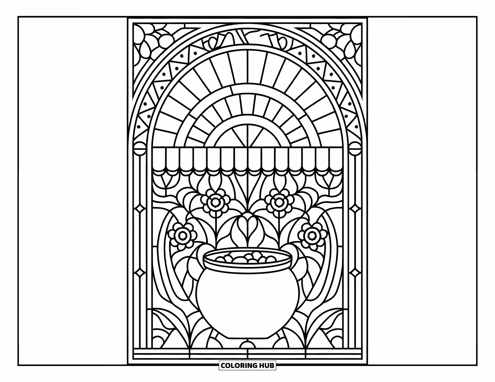 Pot Of Gold Coloring Page for Adults: Stained-glass pot of gold with rainbow shards and detailed floral patterns