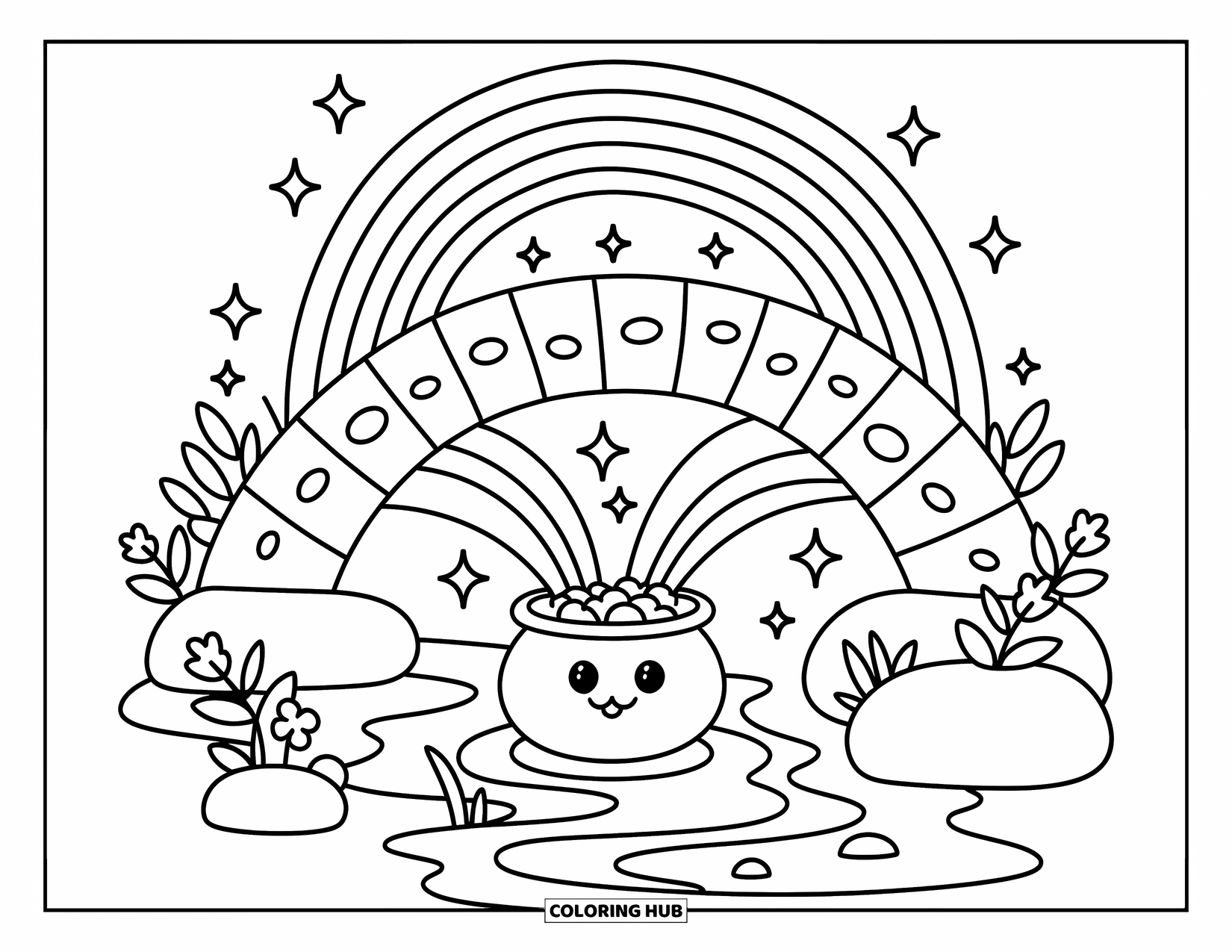 Pot Of Gold Coloring Page for Adults: Stone bridge over creek with pot of gold, rainbow, and drifting clovers