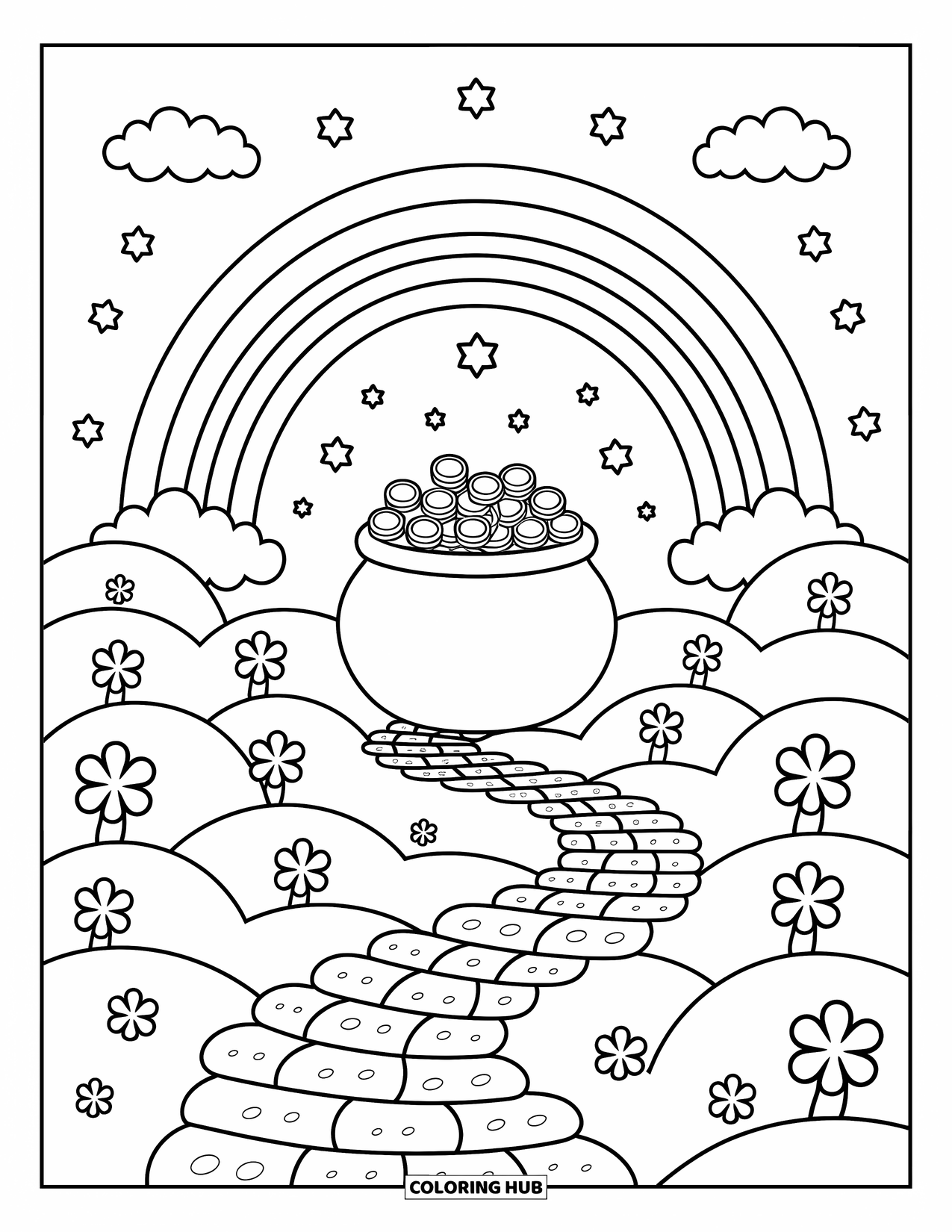 Pot Of Gold Coloring Page for Adults: Stone path through hills and mushrooms leading to rainbow and pot of gold