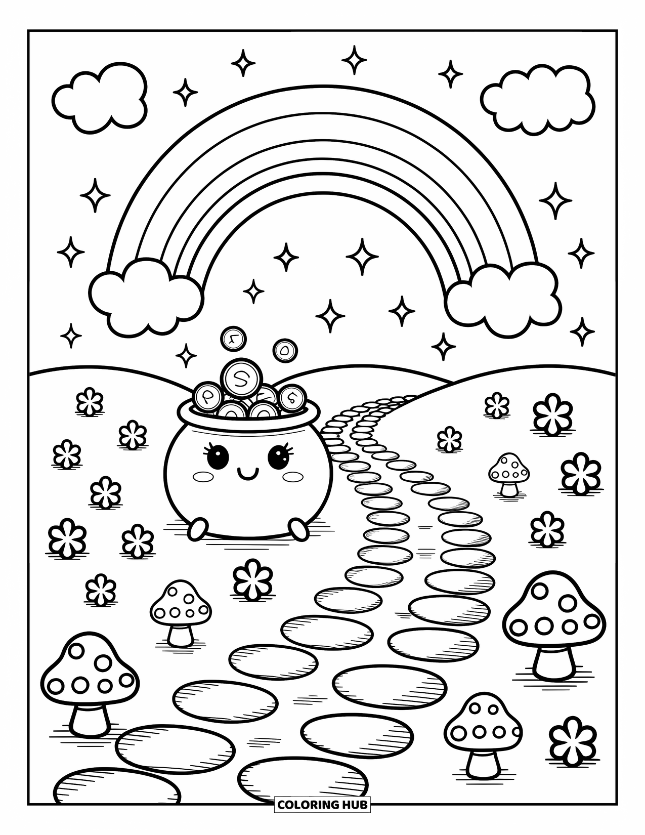 Pot Of Gold Coloring Page for Adults: Winding path with pot of gold beneath rainbow, clovers, stars, and clouds