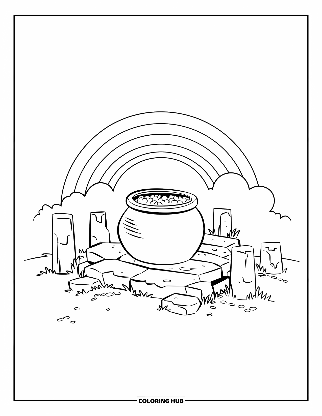 Pot Of Gold Coloring Page for Kids: Ancient ruins holding a pot of gold with rainbow shining through