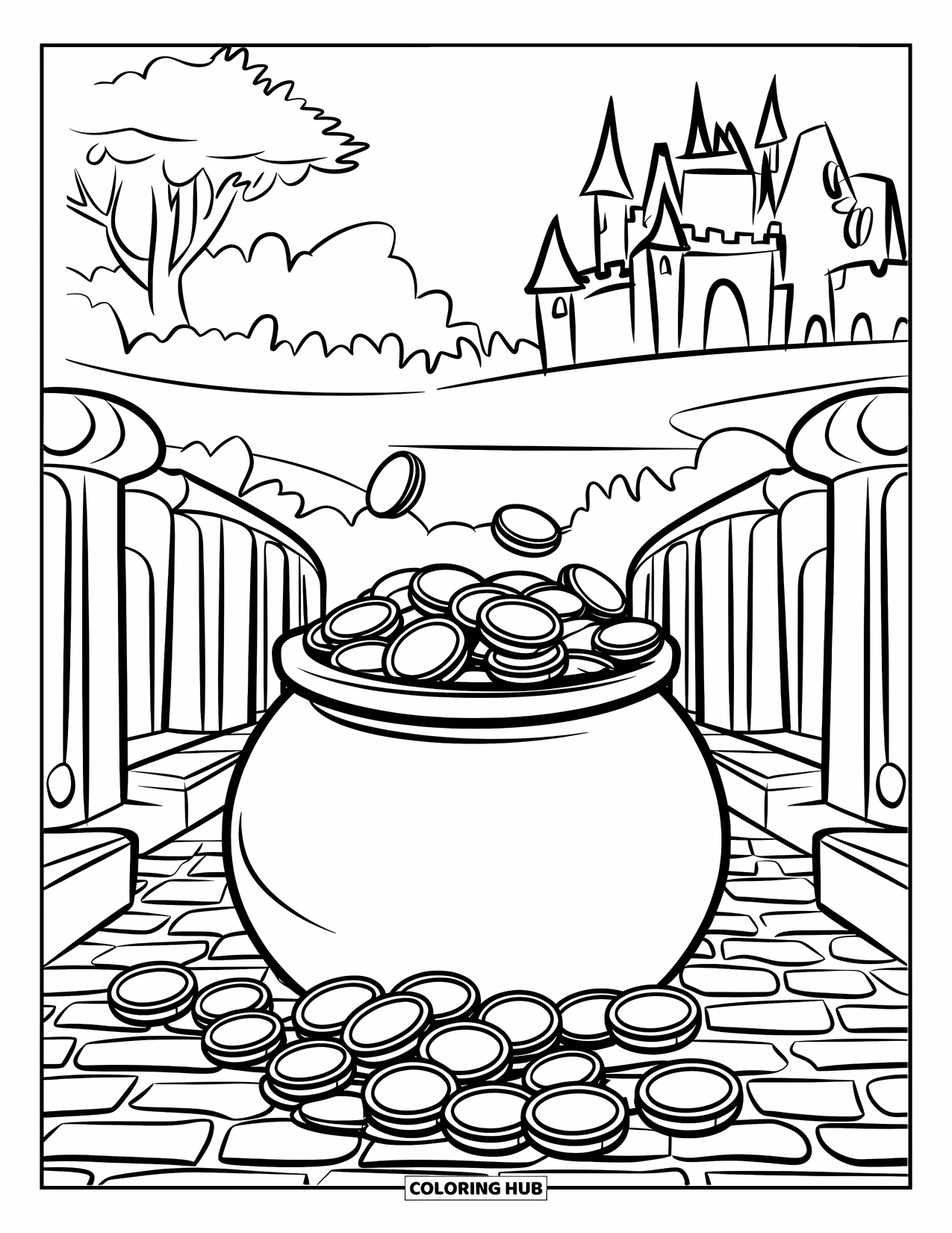 Pot Of Gold Coloring Page for Kids: Cobblestone path leading to pot of gold with castle in background