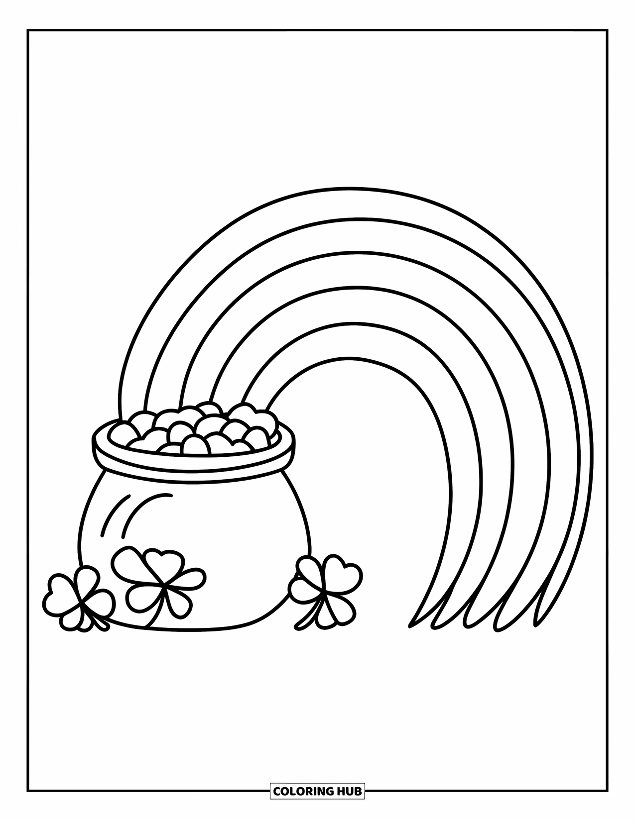Pot Of Gold Coloring Page for Kids: Full rainbow ending with pot of gold and three clovers on the ground