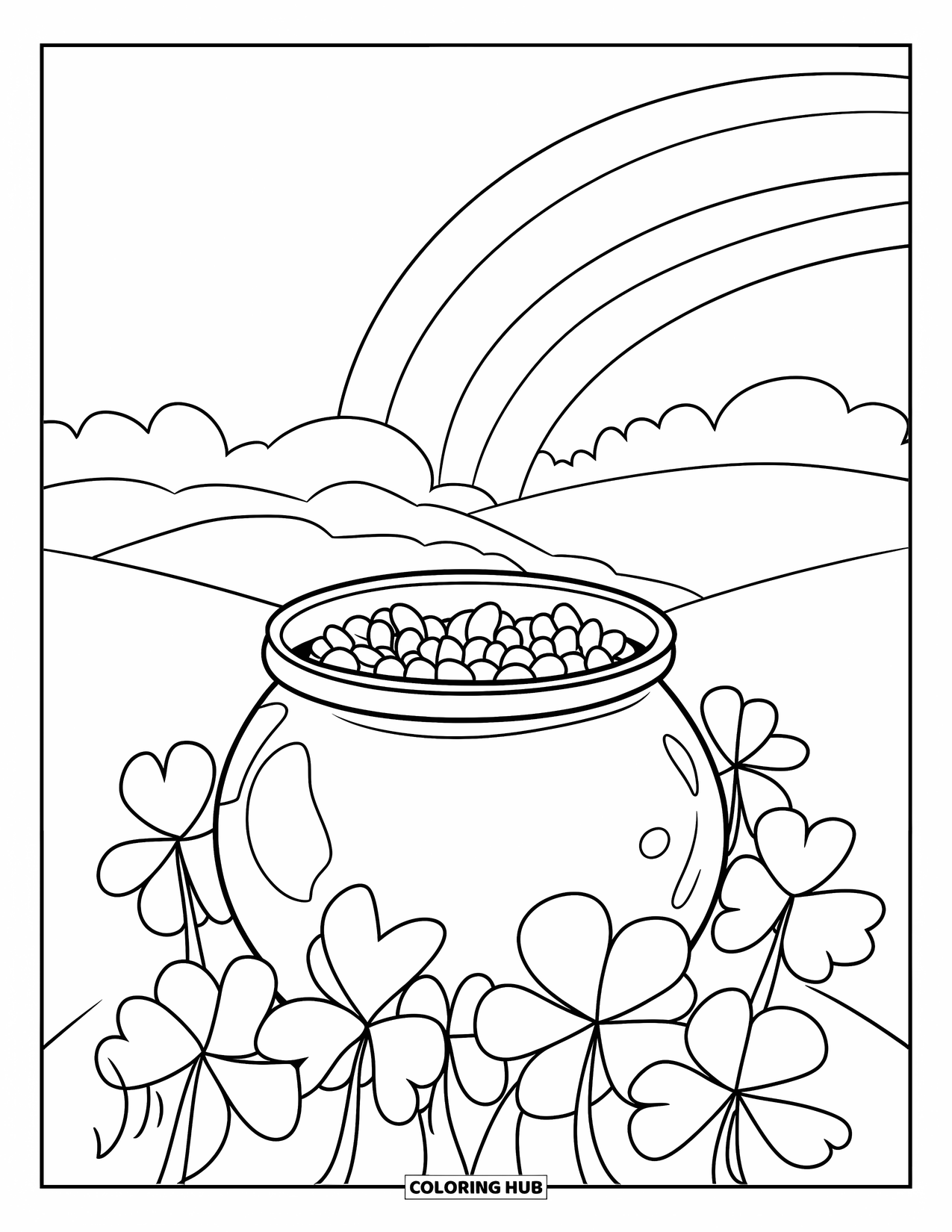 Pot Of Gold Coloring Page for Kids: Hilltop pot of gold with rainbow and oversized shamrocks nearby