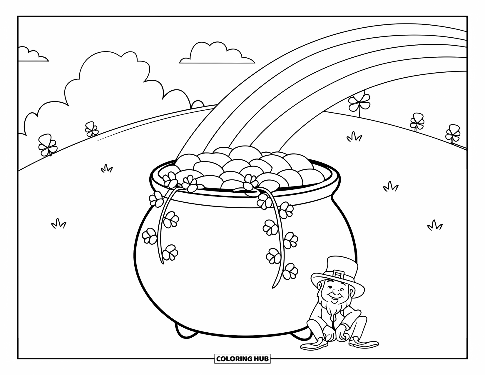 Pot Of Gold Coloring Page for Kids: Leprechaun by a pot of gold under rainbow with trees on a hill