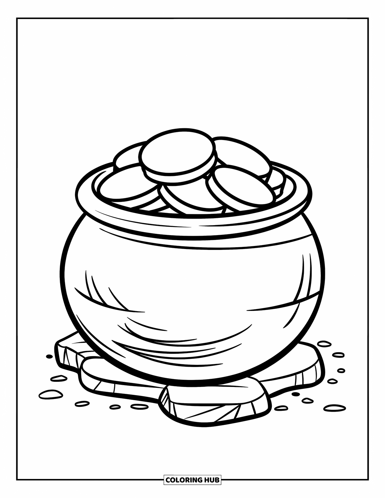 Pot Of Gold Coloring Page for Kids: Plain pot of gold resting on stone base with coins piled inside