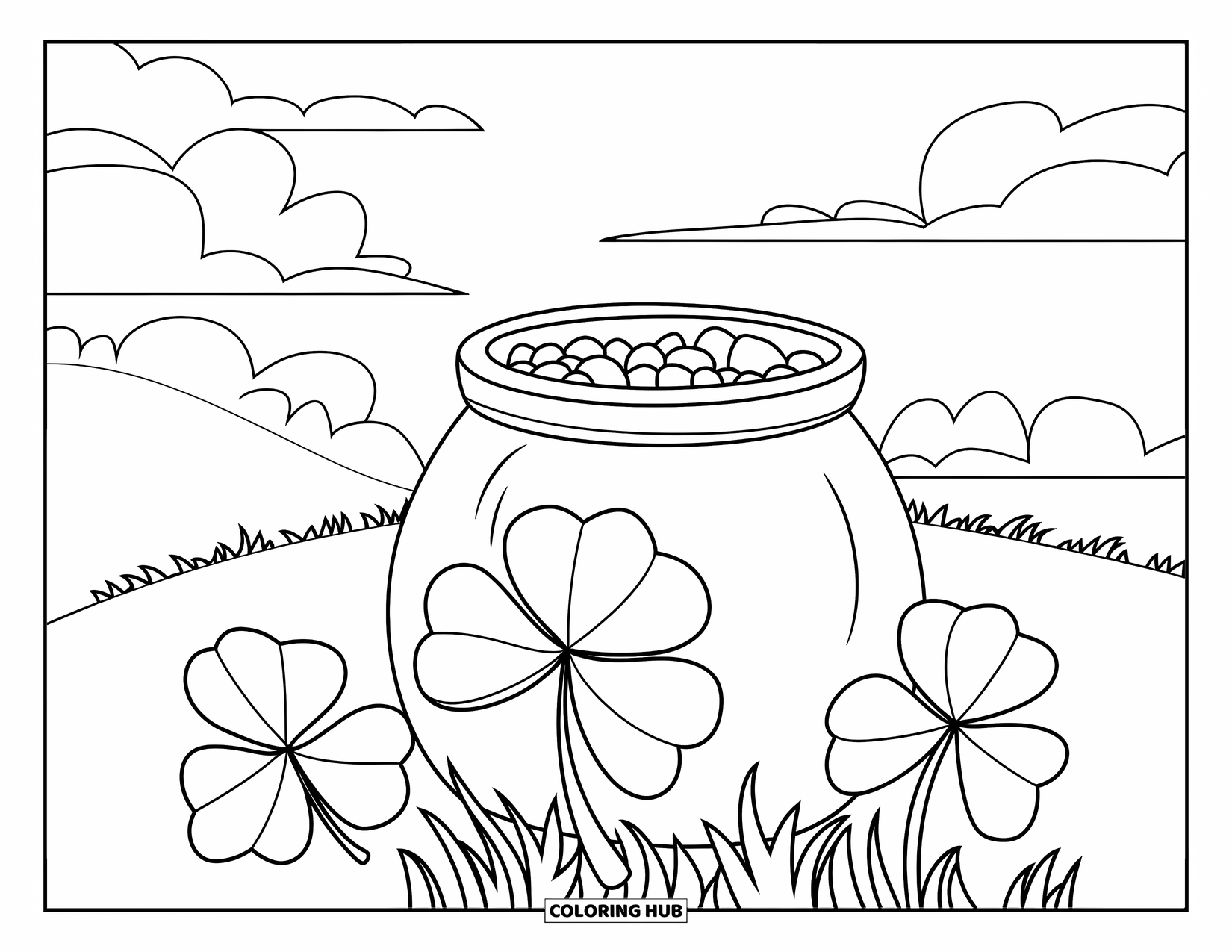 Pot Of Gold Coloring Page for Kids: Pot of gold at hilltop with three clovers and cloudy sky