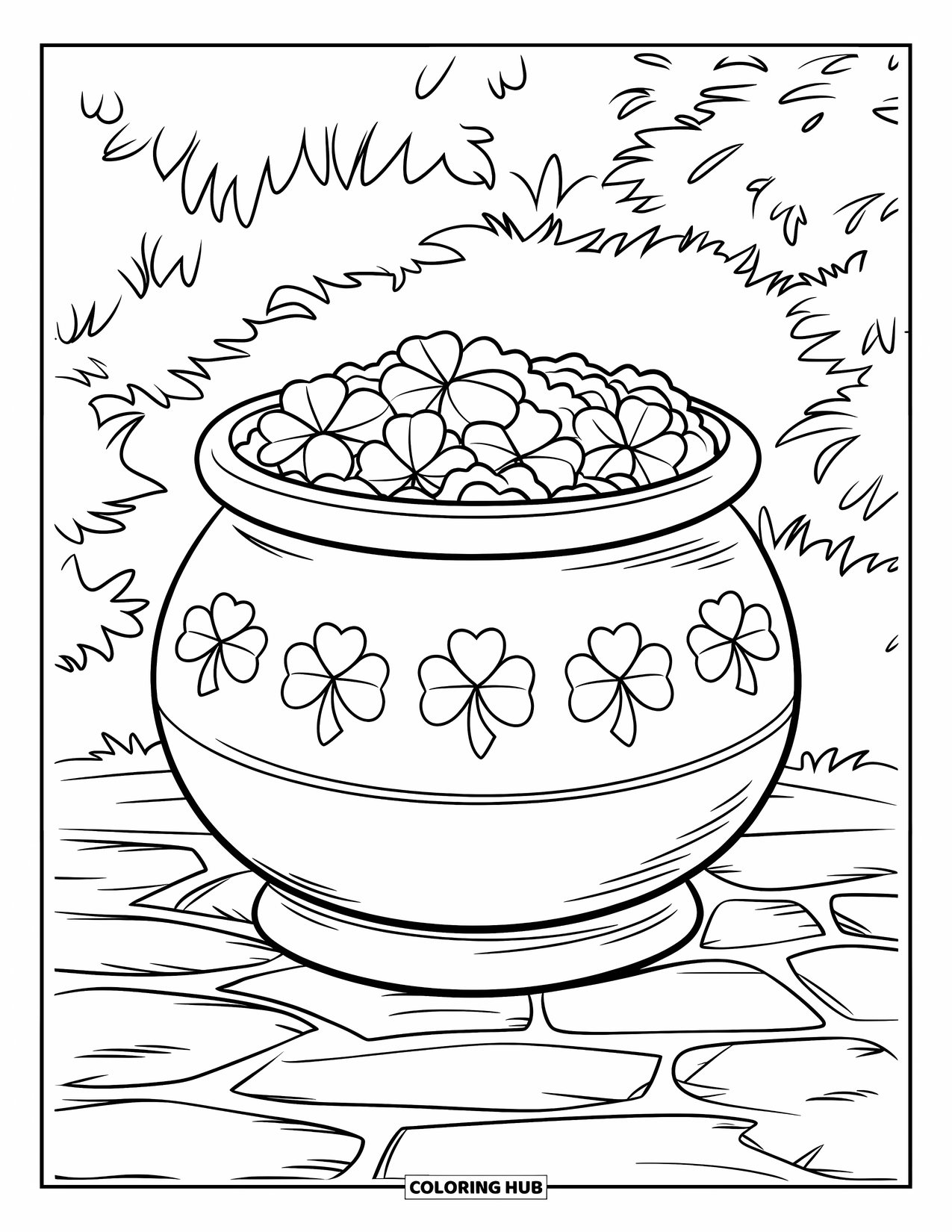 Pot Of Gold Coloring Page for Kids: Pot of gold on a pedestal with shamrocks and a worn path