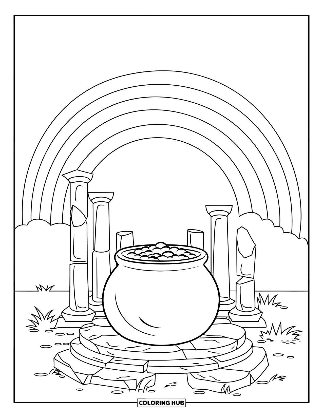 Pot Of Gold Coloring Page for Kids: Pot of gold on ruins with rainbow glowing behind