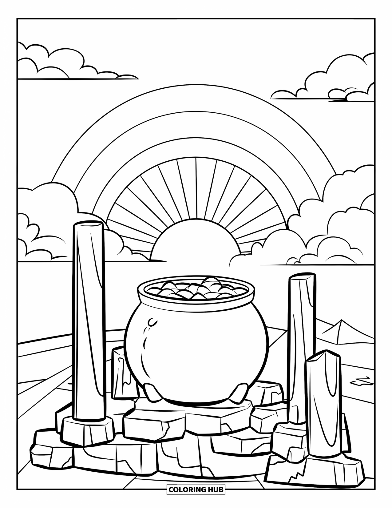 Pot Of Gold Coloring Page for Kids: Pot of gold resting on stone ruins with rainbow shining above