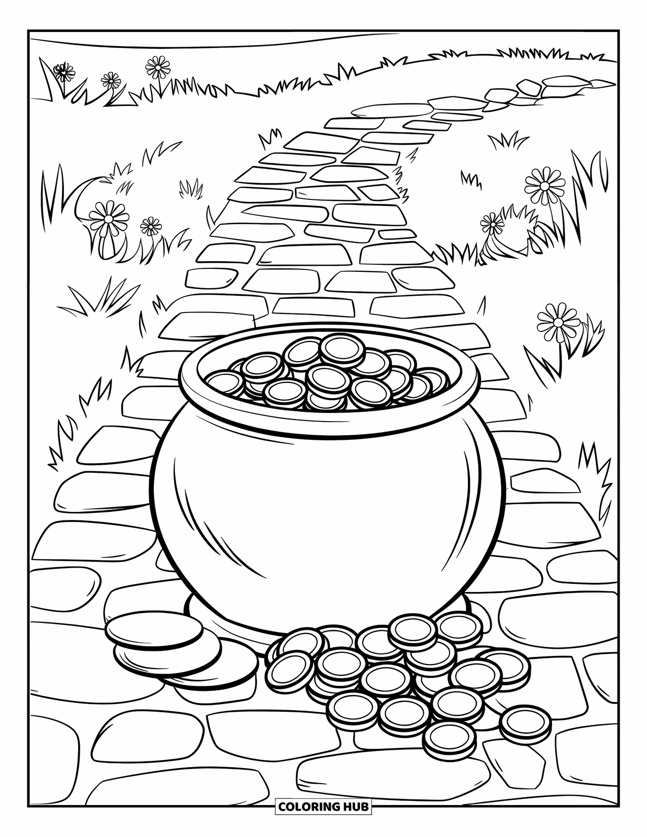 Pot Of Gold Coloring Page for Kids: Pot of gold spilling coins along a cobblestone path with flowers nearby