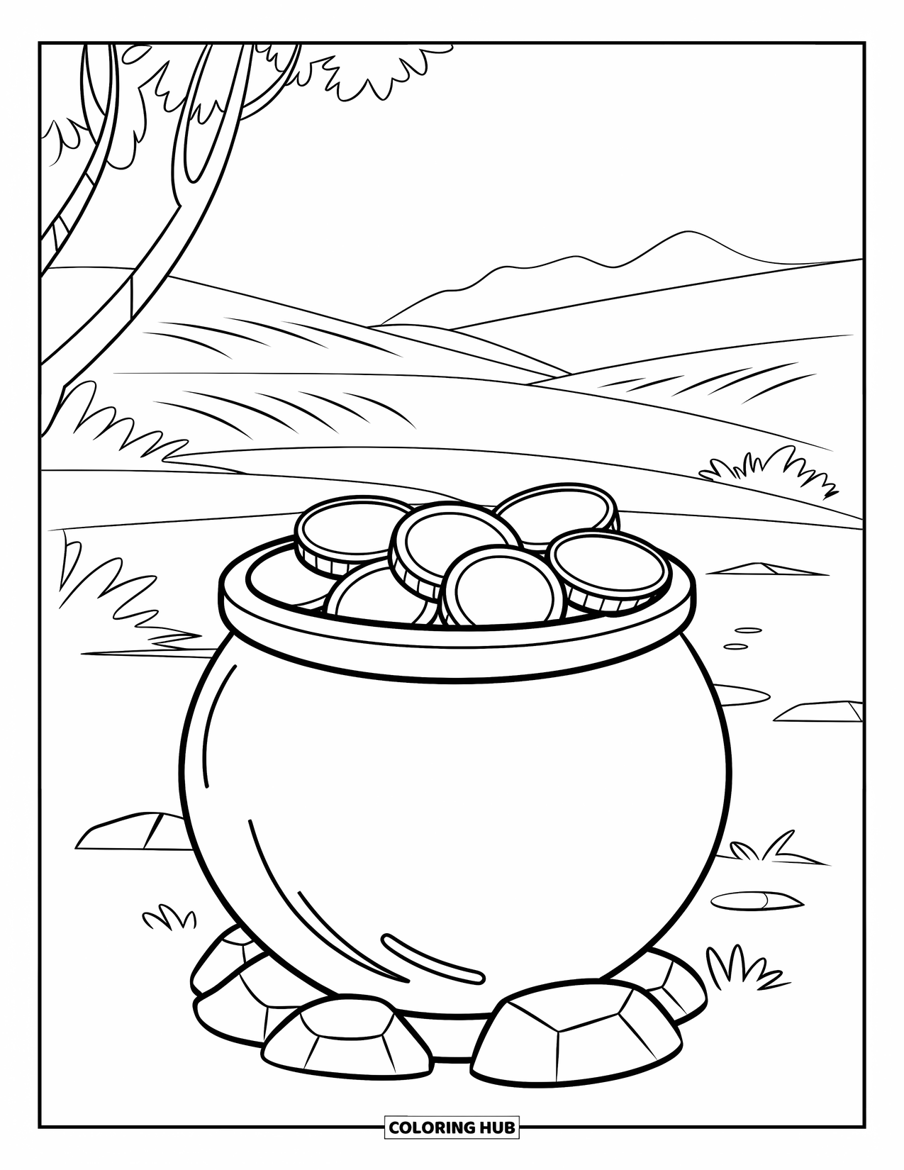 Pot Of Gold Coloring Page for Kids: Pot of gold with large coins on rocky base and rolling hills behind