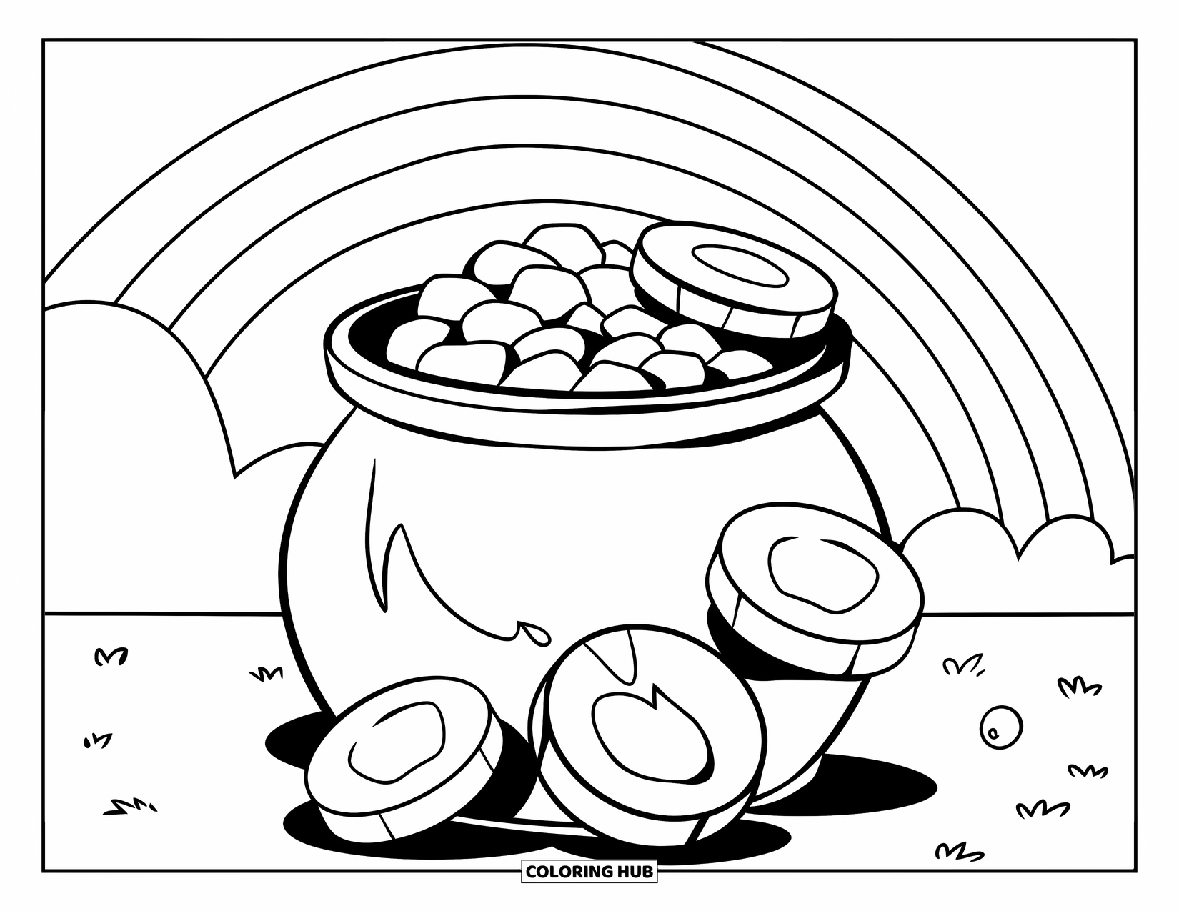 Pot Of Gold Coloring Page for Kids: Pot of gold with three floating coins under rainbow and clear sky