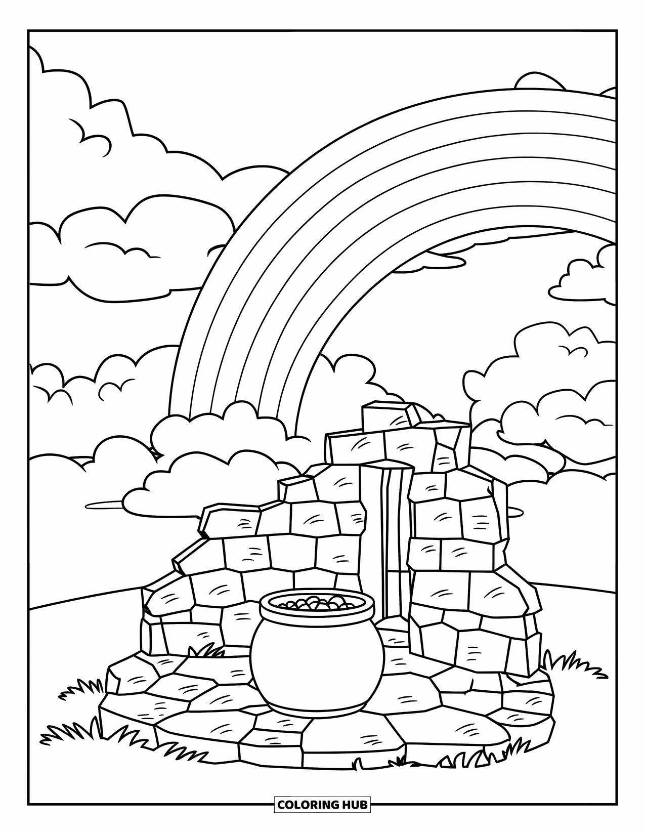 Pot Of Gold Coloring Page for Kids: Rainbow arching over ruins with pot of gold at the center