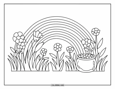 Målarbild med guldkruka för barn: Regnbåge som böjer sig mot en guldkruka gömd bland högt gräs och blommor