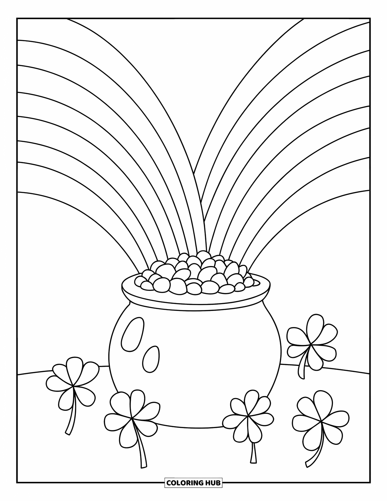 Pot Of Gold Coloring Page for Kids: Rainbow arching to a pot of gold with three clovers in front