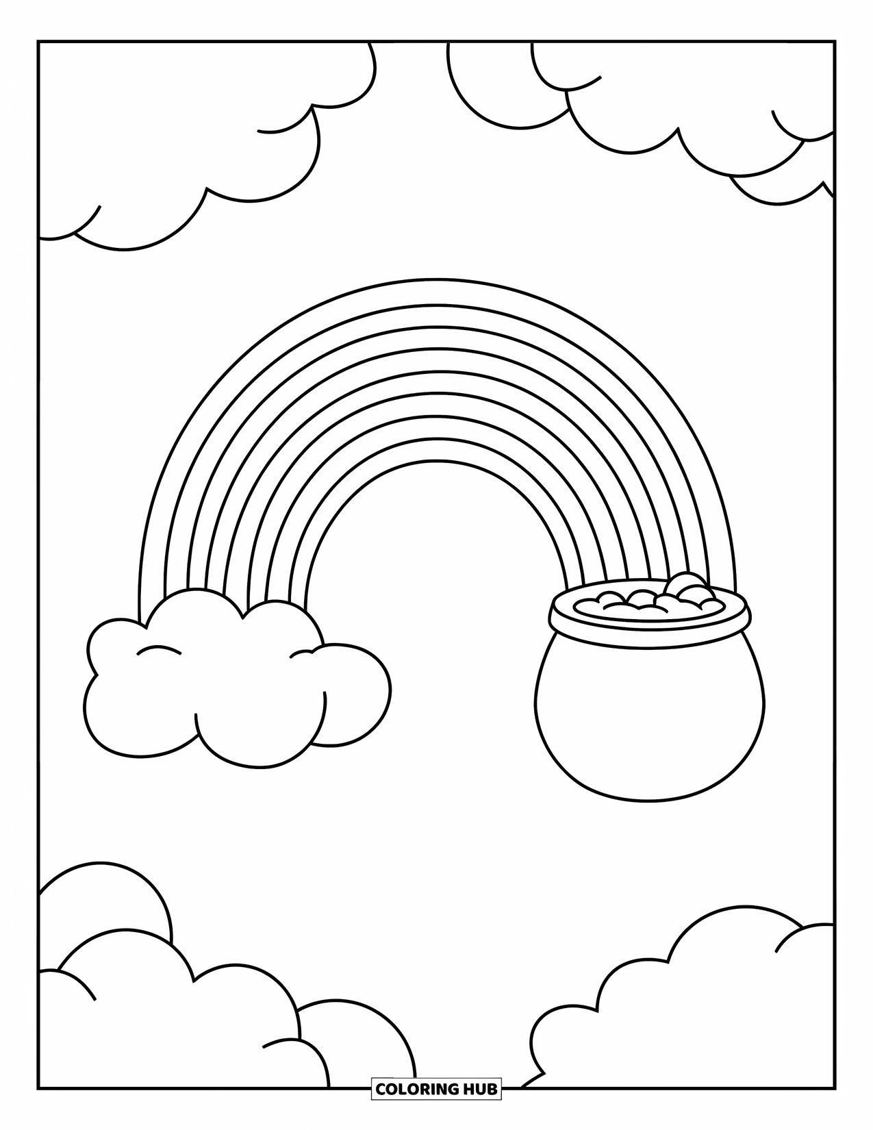 Pot Of Gold Coloring Page for Kids: Rainbow arching with pot of gold under it and fluffy clouds above