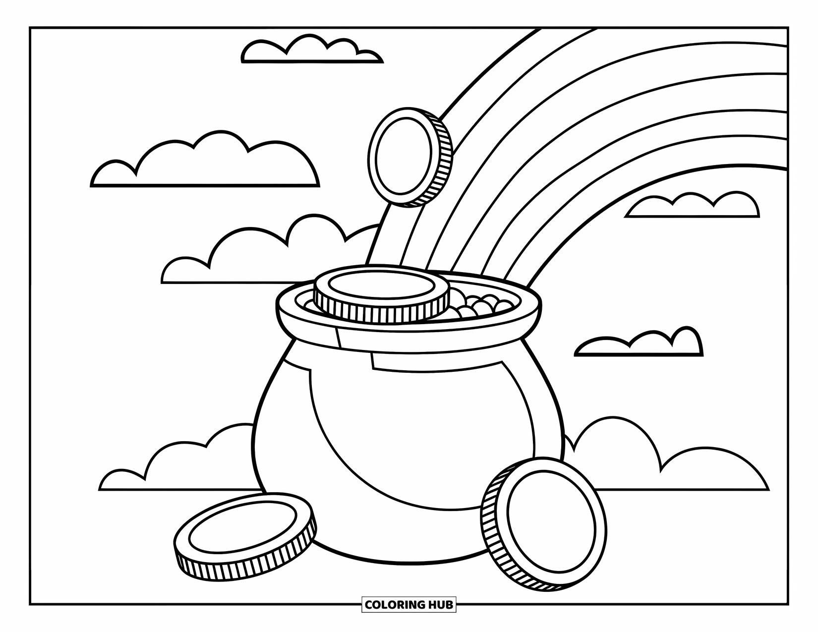 Pot Of Gold Coloring Page for Kids: Rainbow ending at a pot of gold with three coins floating nearby