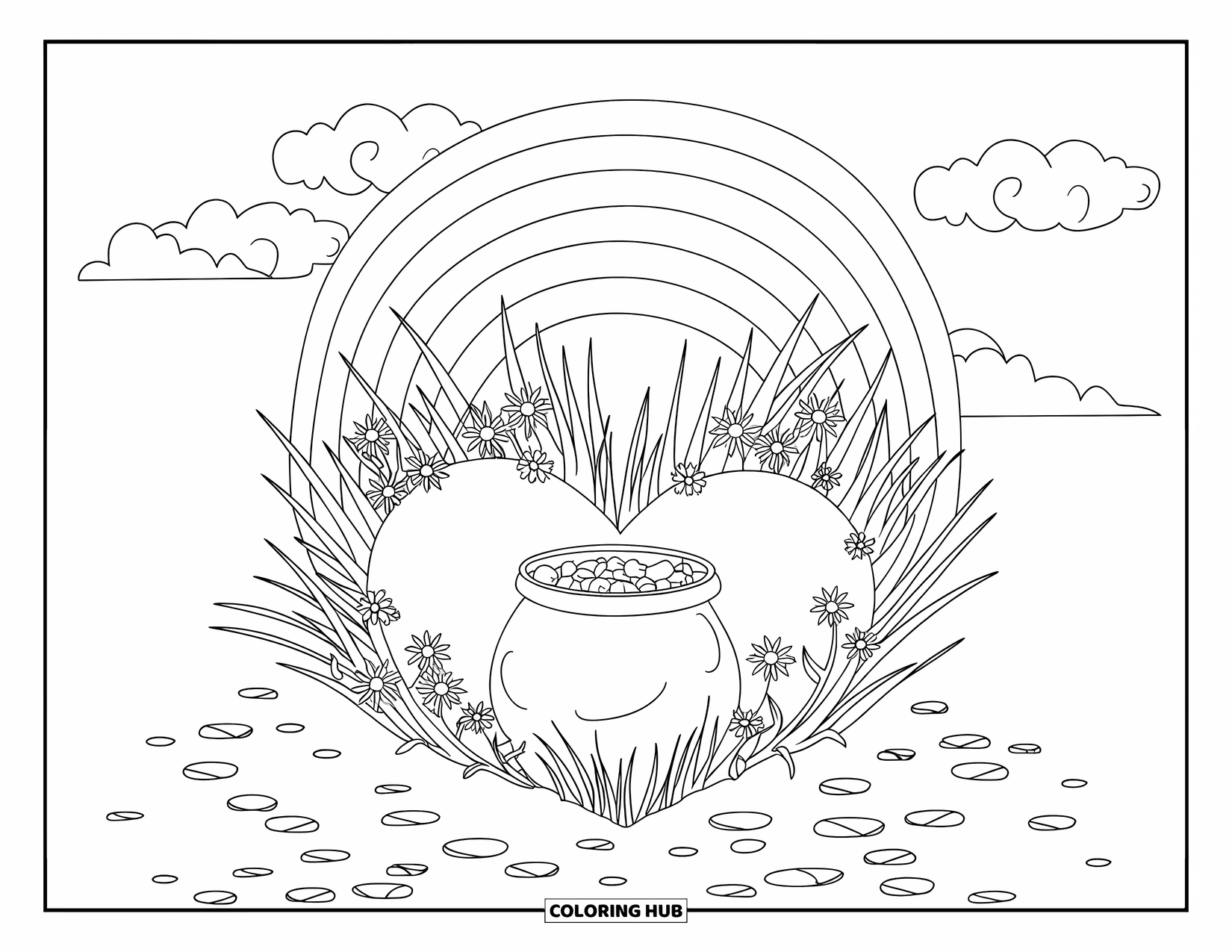 Pot Of Gold Coloring Page for Kids: Rainbow leading to hidden pot of gold behind grass and flowers