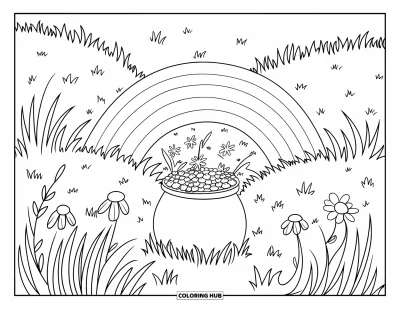 Målarbild med guldkruka för barn: Regnbåge som leder till guldkruka omgiven av gräs, blommor och klövrar