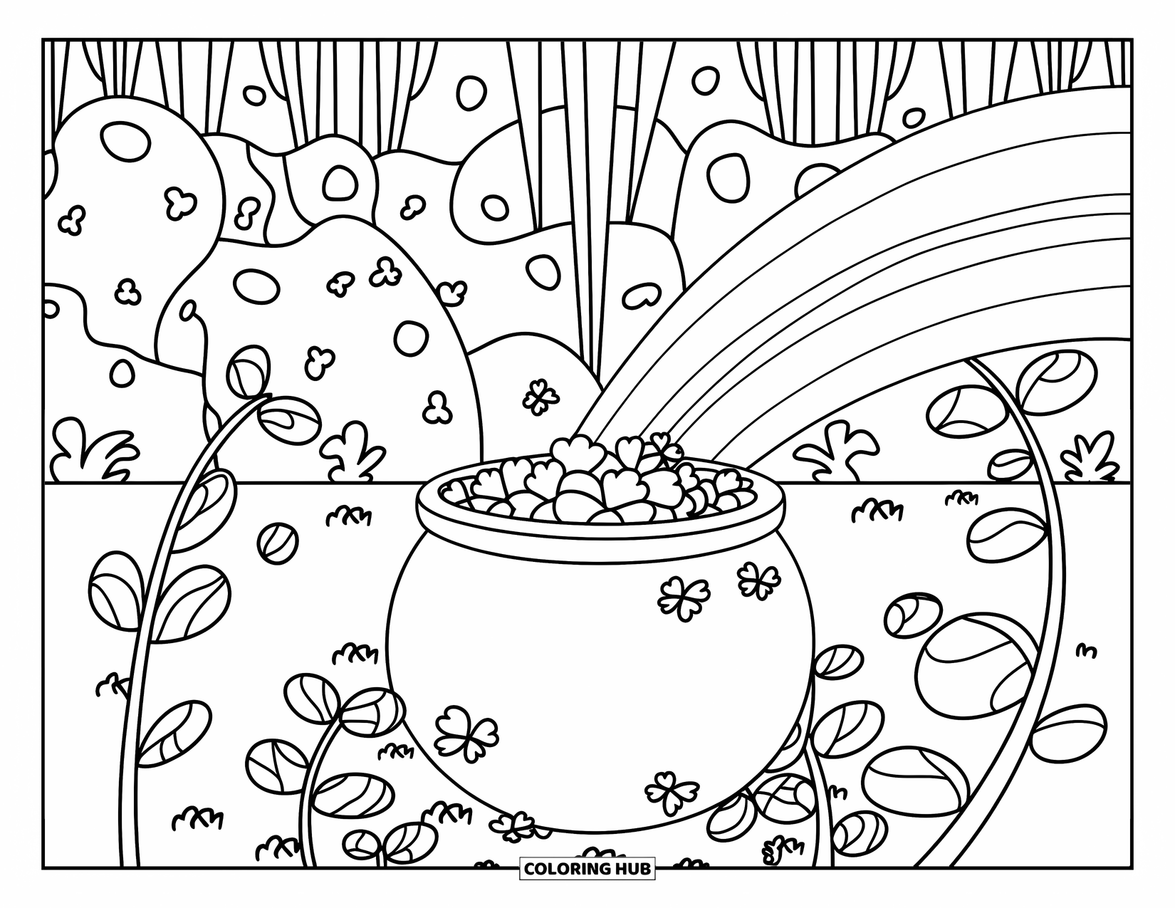 Pot Of Gold Coloring Page for Kids: Rainbow shining on a pot of gold with clovers and trees nearby