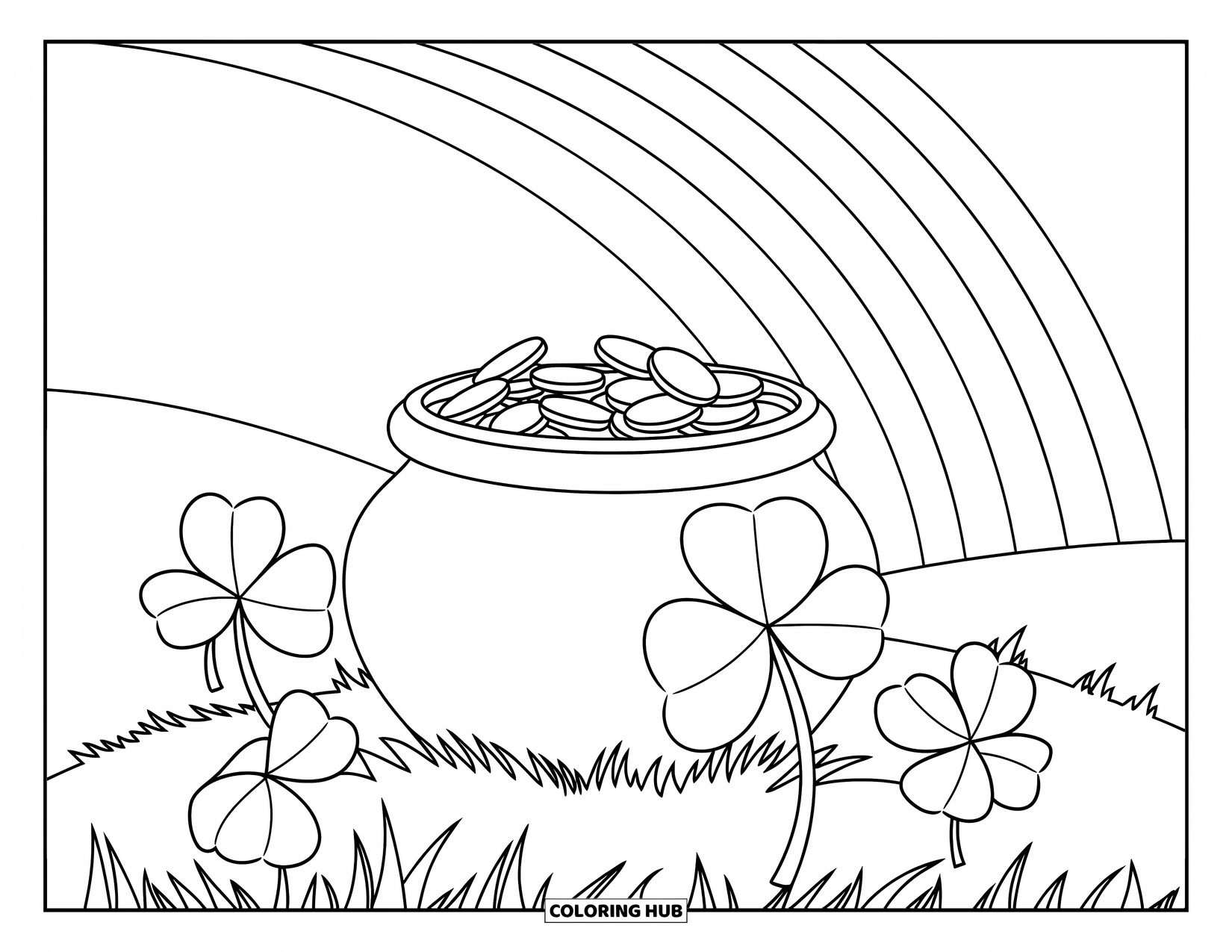 Pot Of Gold Coloring Page for Kids: Rainbow shining on pot of gold with three clovers on grassy hill