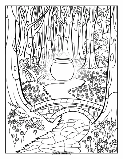 Målarbild med guldkruka för barn: Stenbroväg med blommor som leder till en lysande guldkruka