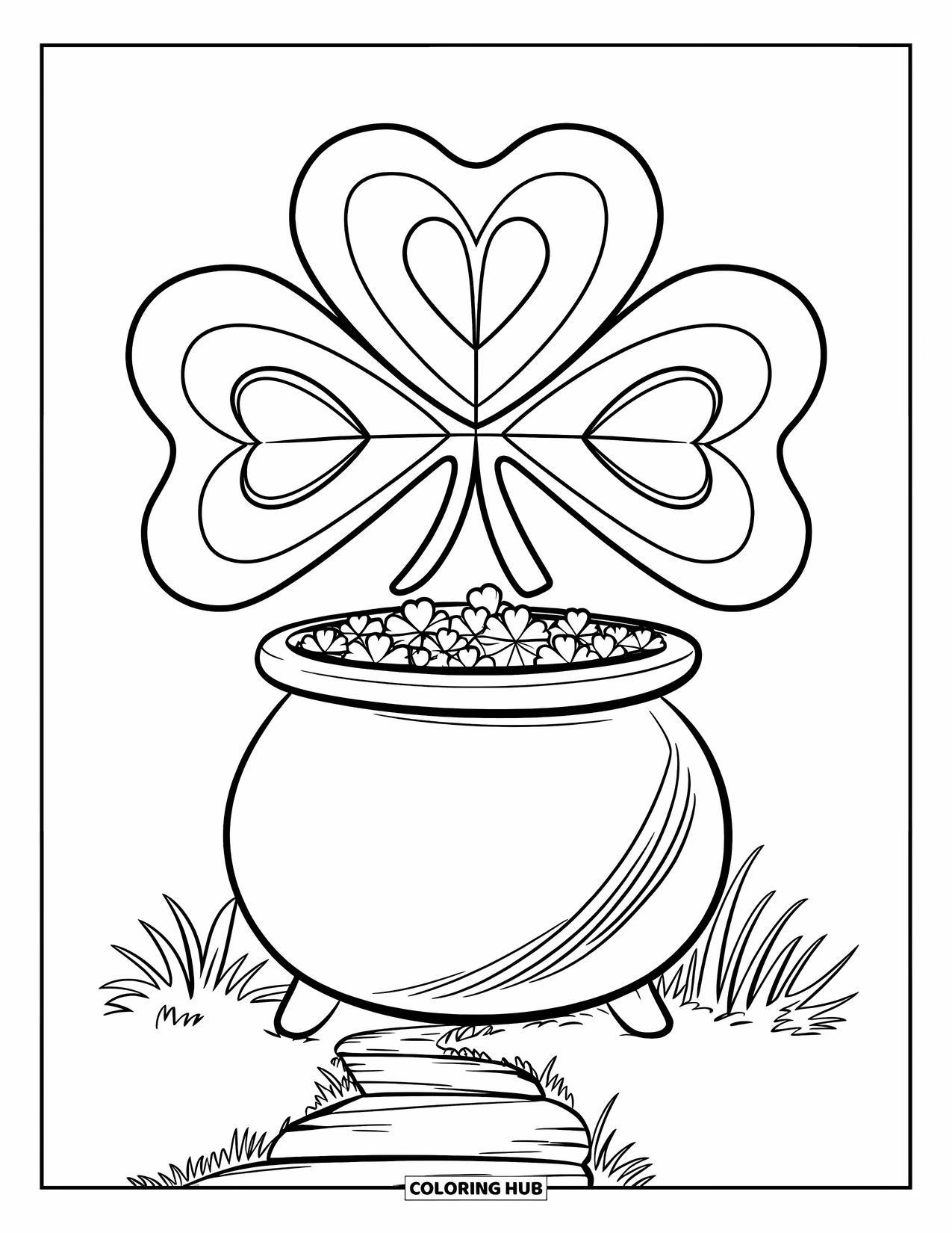 Pot Of Gold Coloring Page for Kids: Stylized pot of gold with shamrock patterns and a path leading to it
