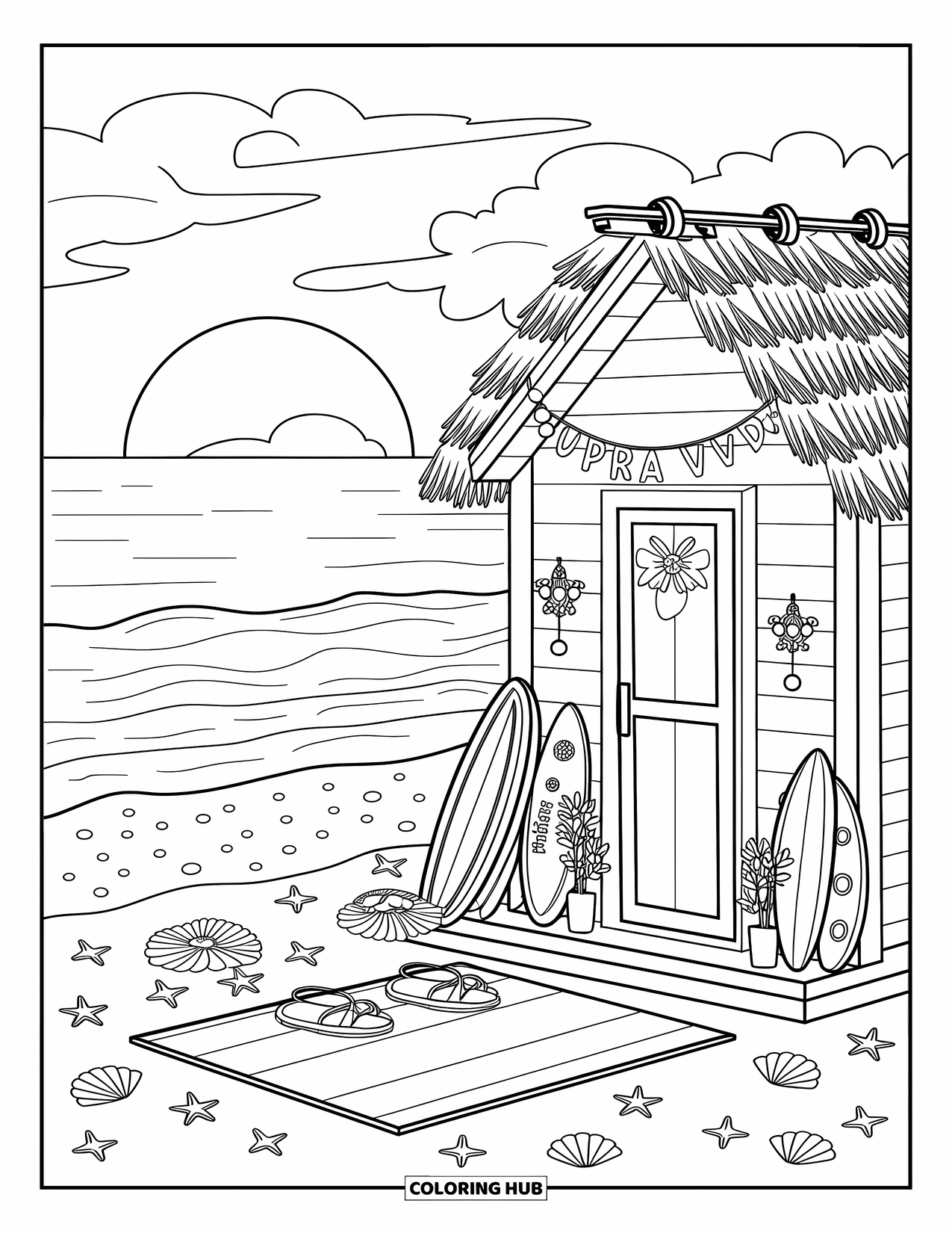 Pura Vida Coloring Page for Adults: A cozy beach shack with surfboards, sandals, seashells, and seagulls above
