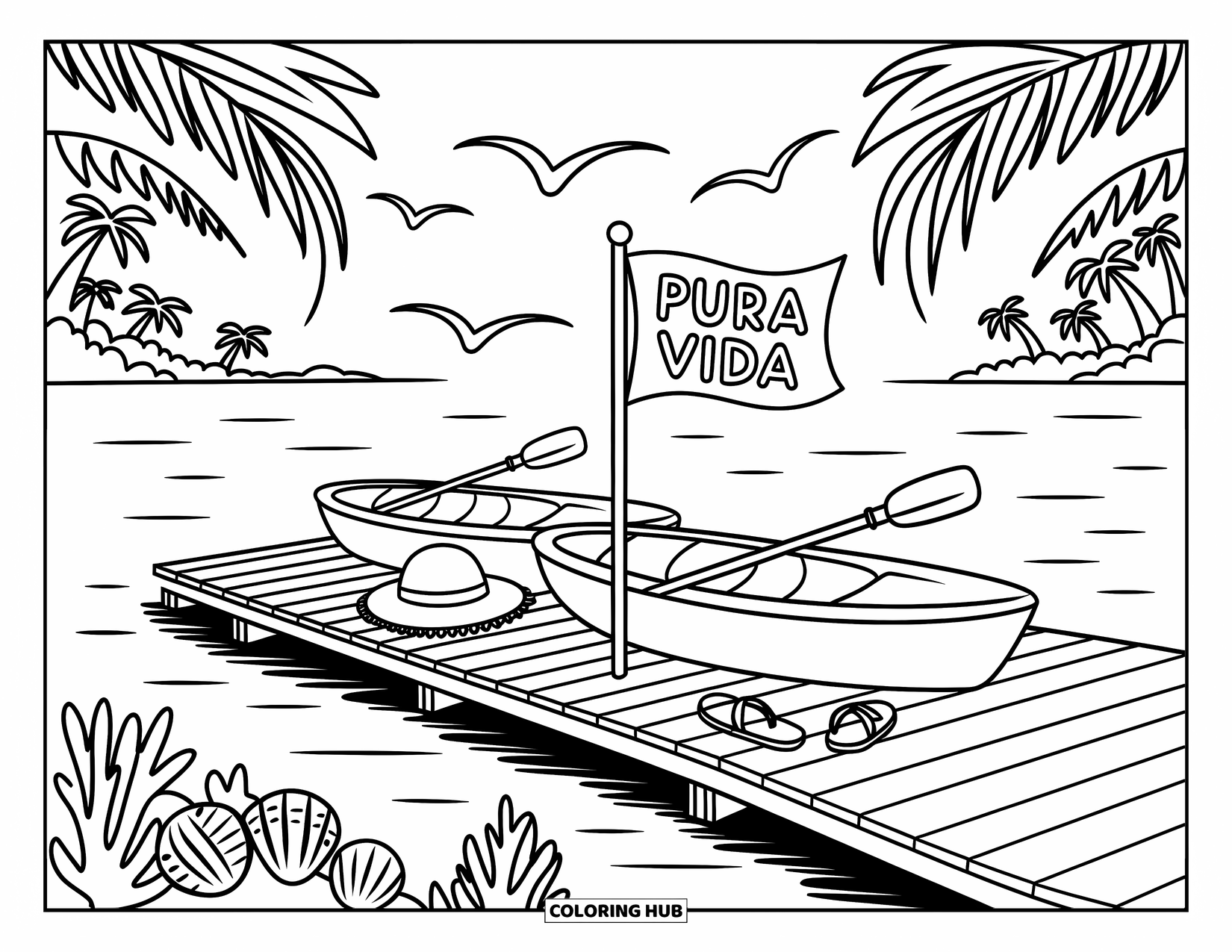 Pura Vida Coloring Page for Adults: A peaceful dock scene with kayaks, flip-flops, and a fluttering "Pura Vida" flag