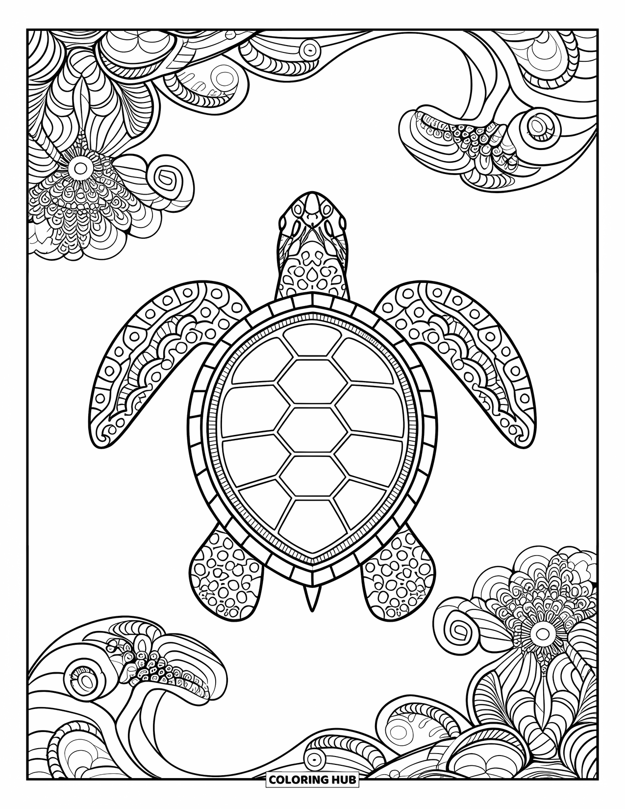 Pura Vida Coloring Page for Adults: A sea turtle rests in the center of floral mandala waves