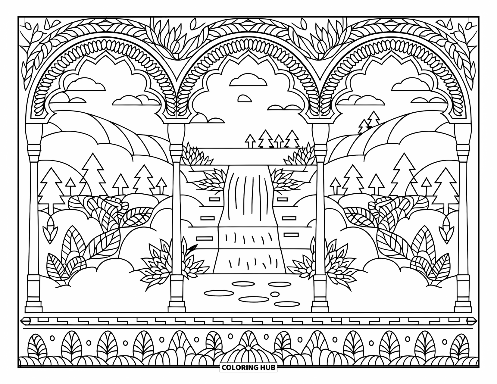 Pura Vida Coloring Page for Adults: A tiered waterfall with floral arches, mountains, and clouds