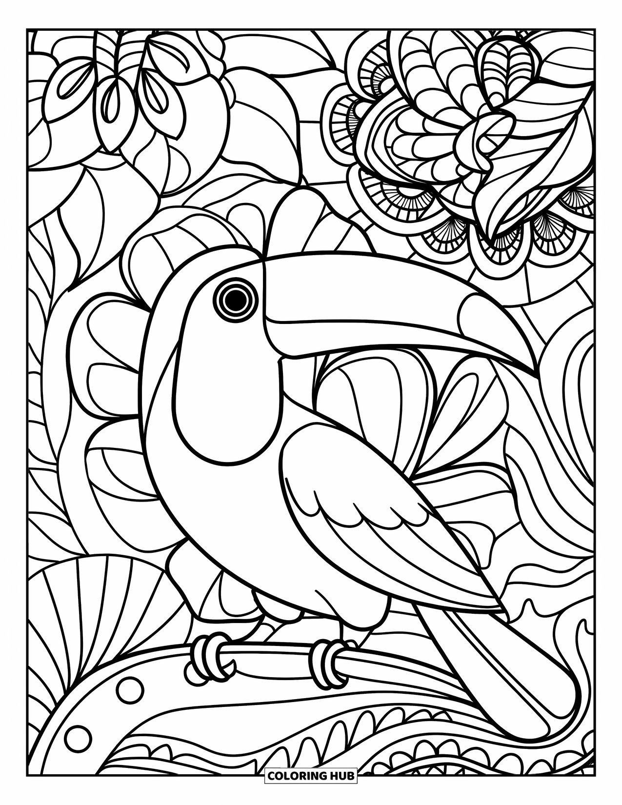 Pura Vida Coloring Page for Adults: A toucan with a bright beak framed by stained-glass tropical flowers