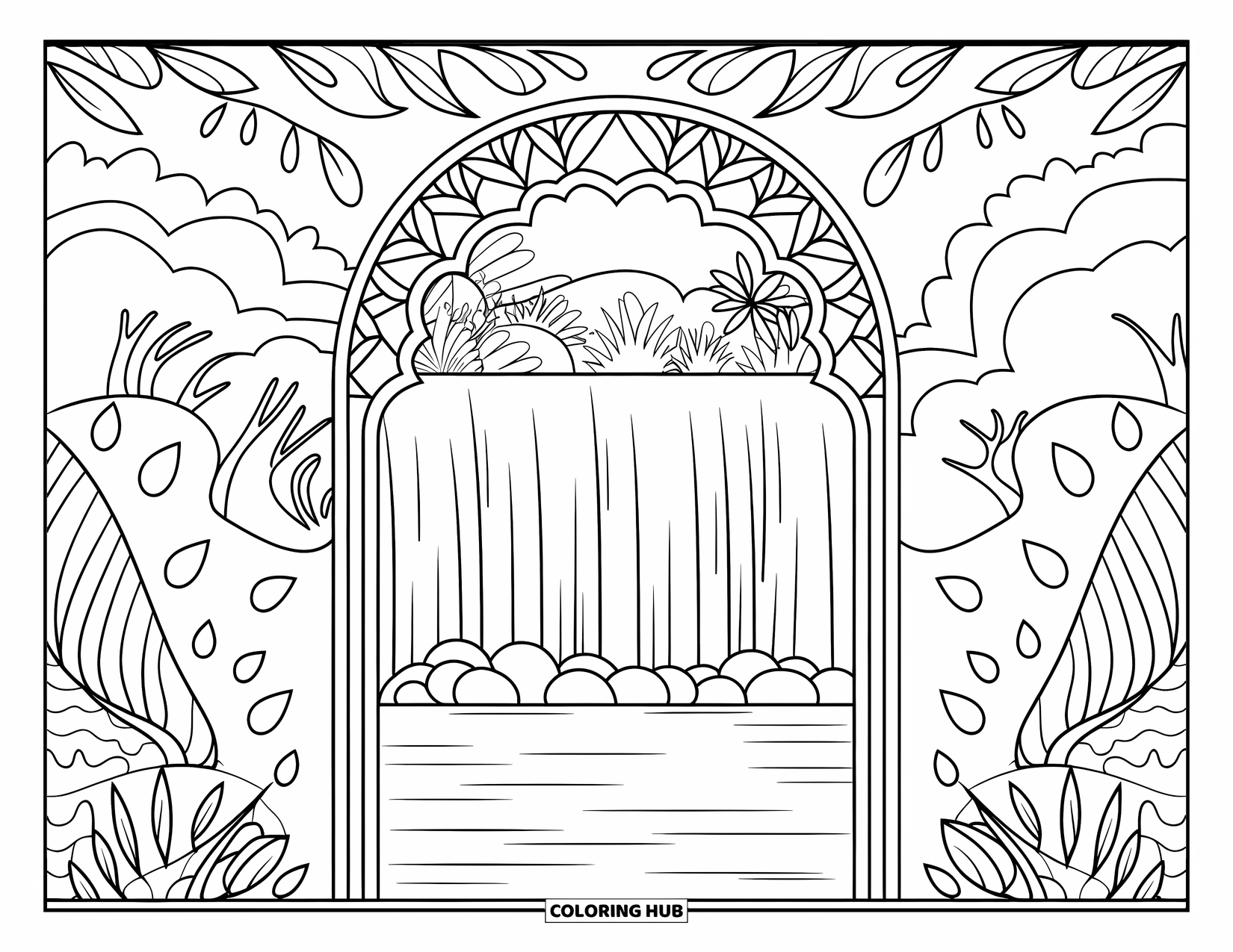 Pura Vida Coloring Page for Adults: A tranquil waterfall framed by ornate botanical arches and lush greenery